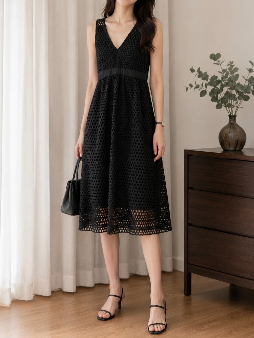 Abercrombie & Fitch Perforated Lace Mesh Sleeveless Midi Dress, size L T…